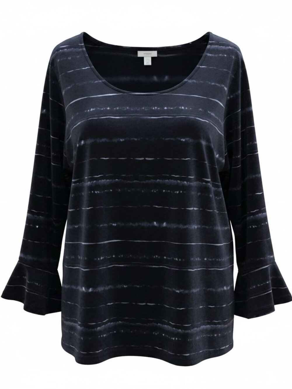 Pure J Jill Black Tie Dye Stripe Tunic Top L Bell Sleeve Soft Stretch Knit Boho